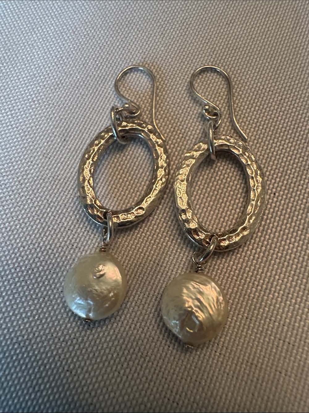 Silpada Sterling Silver Hammered Hoop Drop Earrings with Cream Baroque Pearls